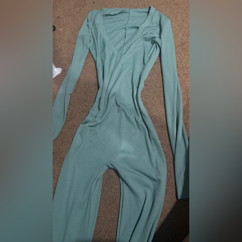 Teal Green  Long Sleeve Jumpsuit V Neck